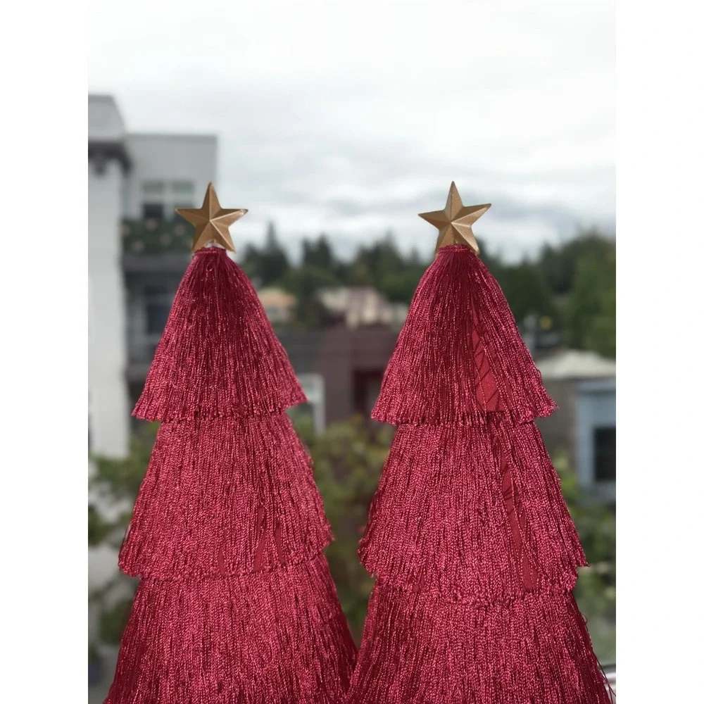 Set of 2 Red Tassel Christmas Trees Gold Star Toppers Tabletop Holiday Decor